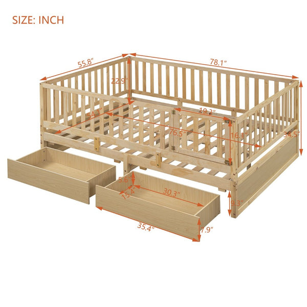 English Elm Full Size Pinewood Kids Daybed with Fence Rails Split Floor Bed and Storage Drawers Natural LP100882AAN