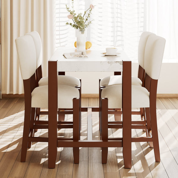 English Elm 5-Piece Counter Height Dining Set with Faux Marble Top and Upholstered Seats, Mid-Century Pub Charm Beige+White N752S000086A