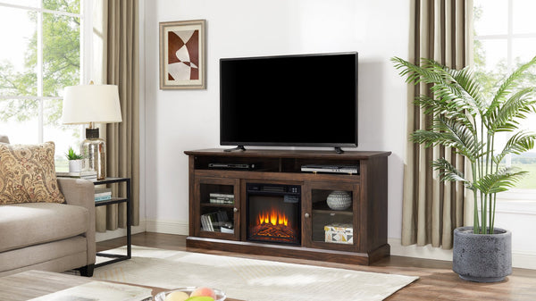 English Elm Contemporary TV Media Stand with 18" Electric Fireplace Insert, 65" TV Capacity, Brown, Ample Storage W2275S00043