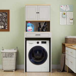 English Elm Over the Washer and Dryer Storage Cabinet Antique White — Space-Saving Laundry Organizer with Adjustable Shelf, Faux Drawer, Sturdy MDF Build (46" x 27" x 7") W1120P327070