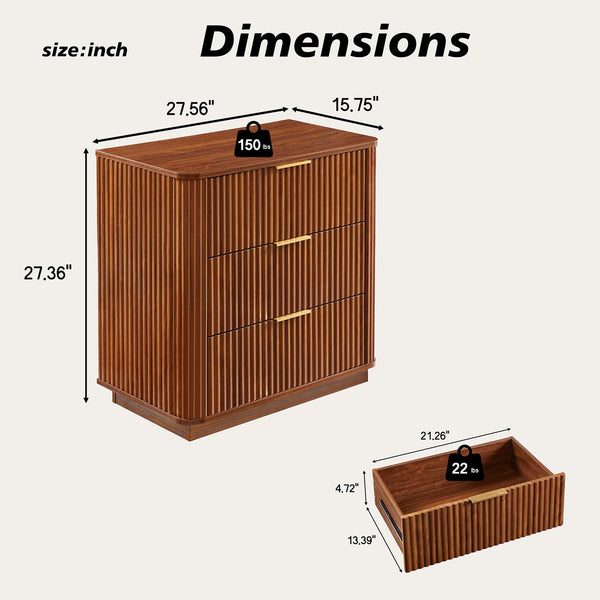 English Elm 3 Drawer Walnut Dresser Set with Curved Wave Corners, Waterproof Top, Modern Nightstands for Bedroom W1820P337284