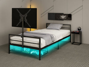 English Elm Twin Gaming Platform Bed Iron Frame with Rotating Tv Mount Led Strips Console Storage W688P237948