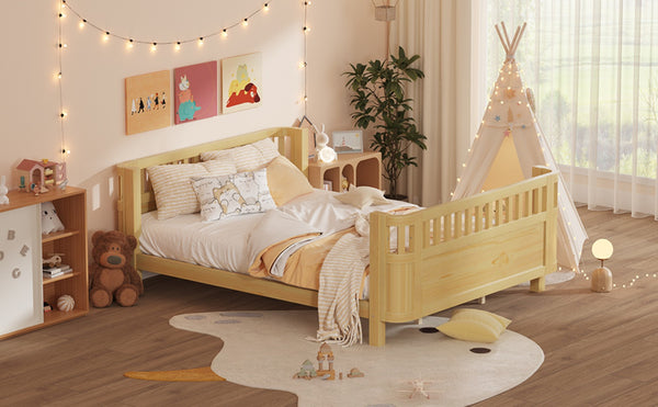 English Elm Queen Low Profile Pine Wood Kids Platform Bed with Guardrails and Rounded Safety Posts Natural W2593P409123