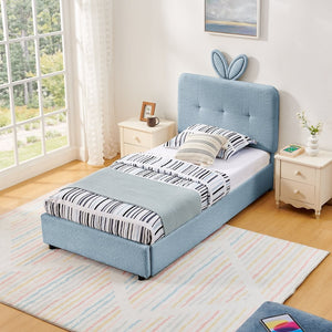 English Elm Twin Kids Boucle Upholstered Bed Rabbit Ear Headboard Led Lighting Four Storage Drawers Navy W1413P384922
