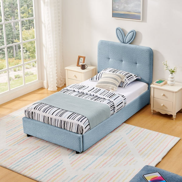 English Elm Twin Kids Boucle Upholstered Bed Rabbit Ear Headboard Led Lighting Four Storage Drawers Navy W1413P384922