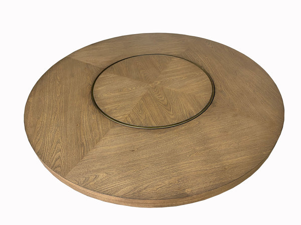 English Elm Round Expandable Dining Table with Pedestal Base, Solid Wood & Mindi Veneer, Elegant Sand Finish Light Brown 58 L x 58 W x 5.75 H B2699S00048