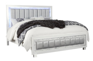 English Elm SKYE Luxurious Marble-Accented King Bed with Padded LED Headboard, Solid Wood Frame, Panel Design White 82.09 L x 40.55 W x 5.71 H B201S00117