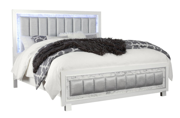 English Elm SKYE Luxurious Marble-Accented King Bed with Padded LED Headboard, Solid Wood Frame, Panel Design White 82.09 L x 40.55 W x 5.71 H B201S00117