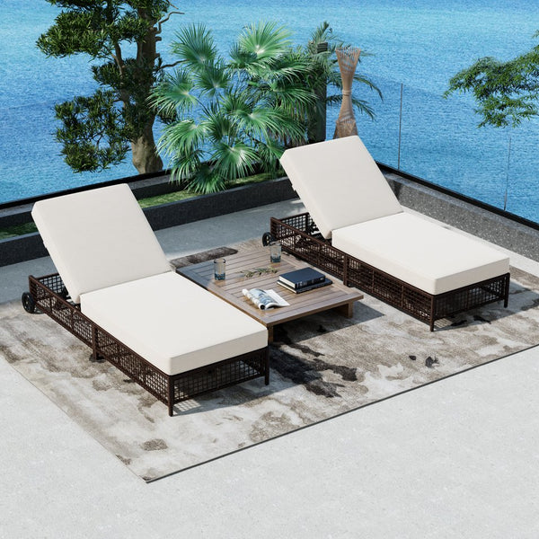 English Elm TREXM Outdoor Lounge Chair with 5-Position Recline, Woven PE Rattan, Removable Cushion & Wheels for Patio Brown+Beige N715P207900D