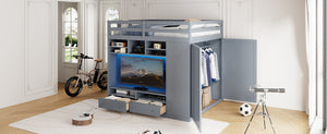 English Elm Full Size Loft Bed with Led Lighting Wardrobe Drawers and Shelves for Teen Rooms Gray LT000499AAE