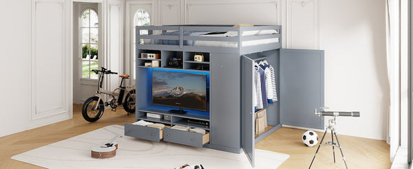 English Elm Full Size Loft Bed with Led Lighting Wardrobe Drawers and Shelves for Teen Rooms Gray LT000499AAE