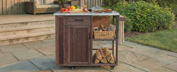 English Elm Foldable Outdoor Kitchen Cart with Stainless Worktop Fir Wood Frame and Lockable Wheels Dark Brown N719P380278S