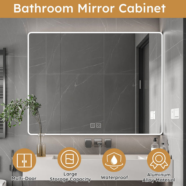 English Elm Aluminium Smart Medicine Cabinet Mirror 35x32 Inch with Defogger, Adjustable LED Lighting & Storage Grey W2700P269440