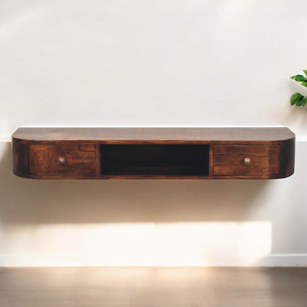 English Elm Solid Mango Wood Floating Console Two Drawer Wall Mounted Entryway Organizer B182P279247