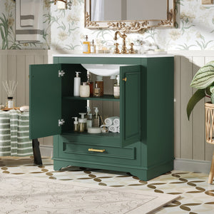 English Elm 30" Elegant Bathroom Vanity with Ceramic Sink, French-Inspired Compact Cabinet with Drawer & Shelf Green N710P317676F