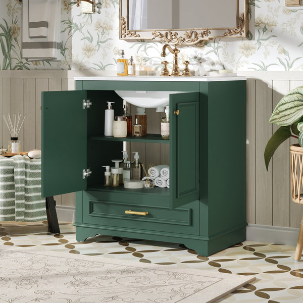 English Elm 30" Elegant Bathroom Vanity with Ceramic Sink, French-Inspired Compact Cabinet with Drawer & Shelf Green N710P317676F