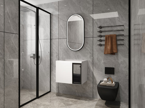 English Elm 24" Floating Bathroom Vanity Glossy White Plywood Cabinet with Grey Glass Doors W999P387157