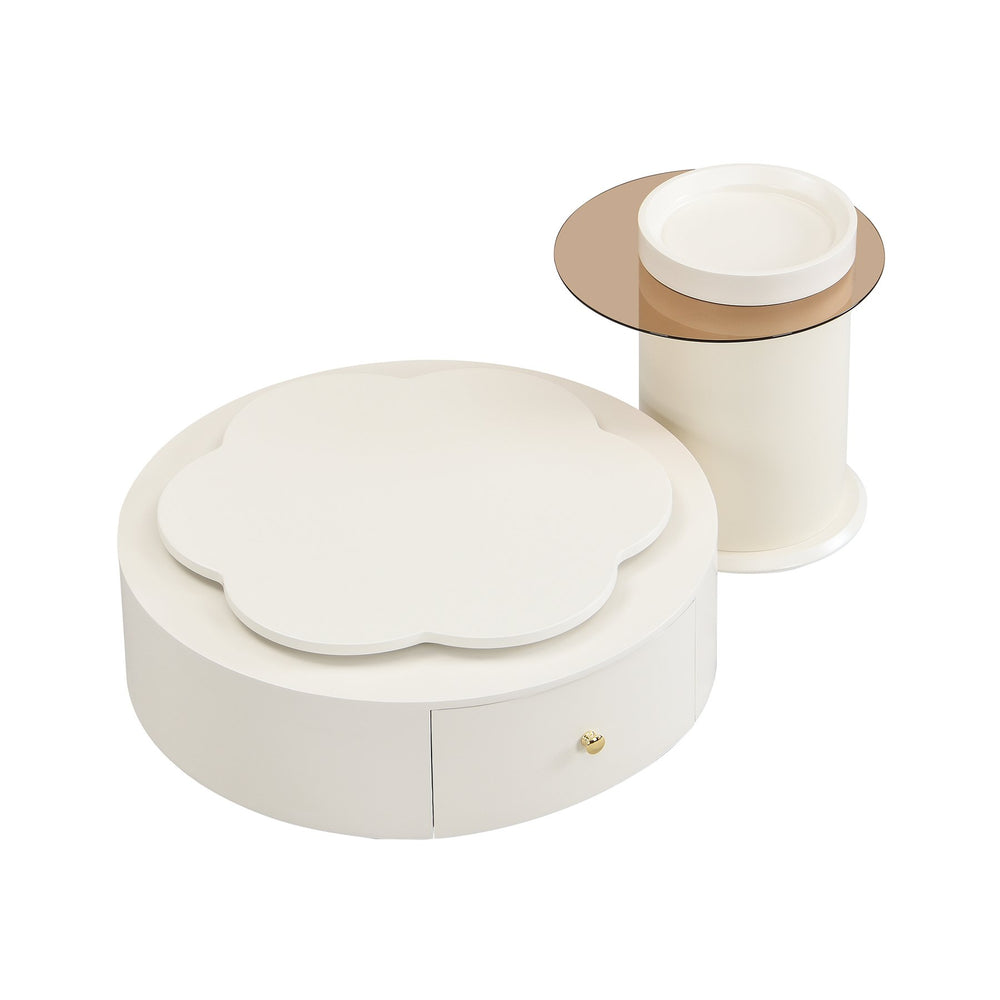 English Elm U-Can Cream Floral Round Coffee Table Set of 2 with Tempered Glass Tops, 2 Drawers & Rotating Design SJ000137AAK
