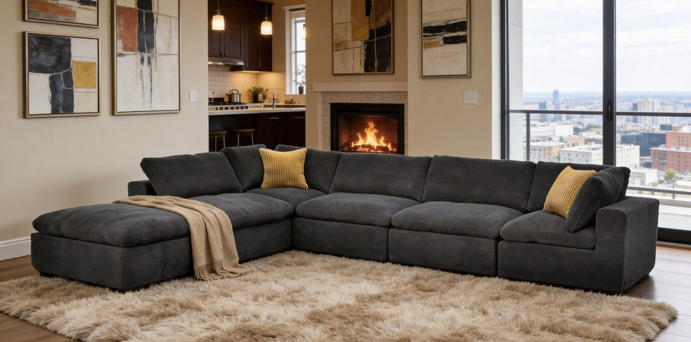 English Elm Coffee Bean Textured Modular Sectional Low Profile Sofa with Included Toss Pillows Dark Gray B2748S00079