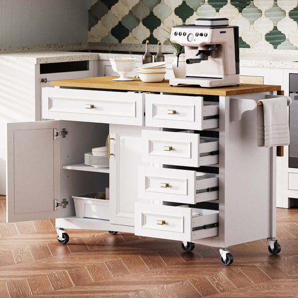 English Elm K&k Farmhouse Rolling Kitchen Island Oak Veneer Top with Drop Leaf and Storage Drawers White N707S195393W