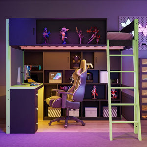 English Elm Full Size Gaming Loft Bed with Led Lighting Desk Drawers and Display Shelving Green LT000263AAF