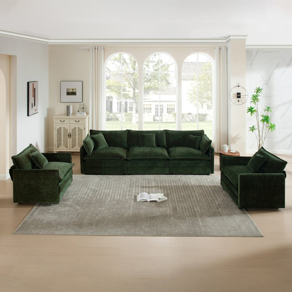 English Elm Sofa Set Three Piece Green Chenille Living Room Collection with Round Arms W714S00453