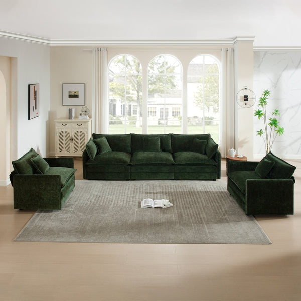 English Elm Sofa Set Three Piece Green Chenille Living Room Collection with Round Arms W714S00453