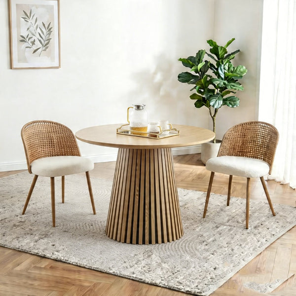 English Elm Round Wood Dining Table Set with Rattan Wicker Chairs and Beige Cushions Bohemian Style W3590S00023