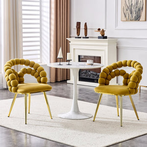 English Elm Set of 4 Velvet Bubble Chain Dining Chairs with Glam Metal Legs for Modern Kitchens Gold,Yellow W1512P491593