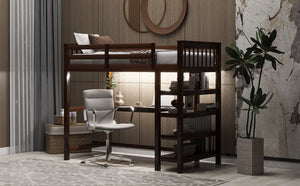 English Elm Twin Pine Loft Bed with Built-in Desk Open Shelves and Led Ambient Lighting Espresso GX000245AAP