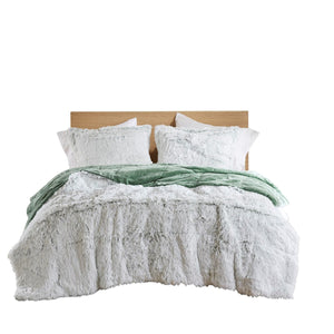English Elm 3 Pcs King/Cal King Shaggy Faux Fur Comforter Mini Set - Luxurious Green/White Cozy Bedding Ensemble B035P319585
