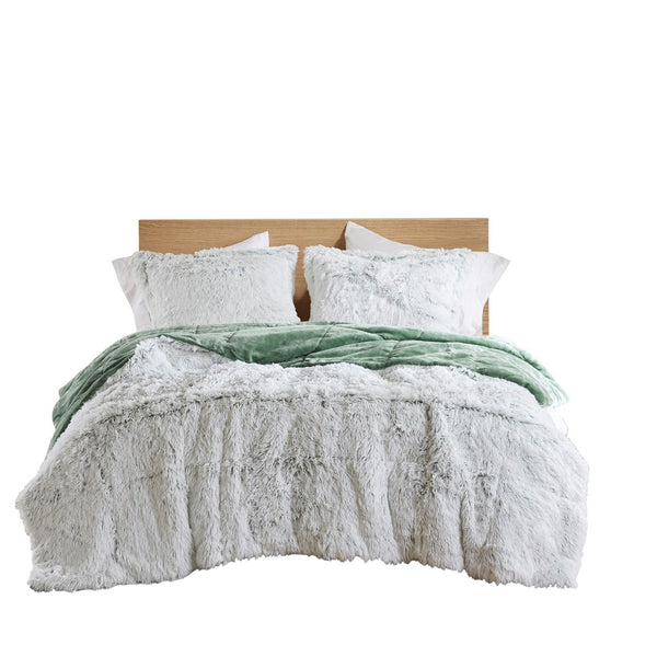 English Elm 3 Pcs King/Cal King Shaggy Faux Fur Comforter Mini Set - Luxurious Green/White Cozy Bedding Ensemble B035P319585
