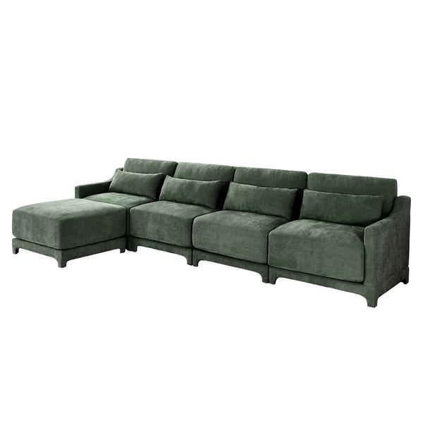 English Elm Four-Seater Sofa With Movable Ottoman - Elegant Green Chenille, Ergonomic Design & Easy Assembly W714S01221