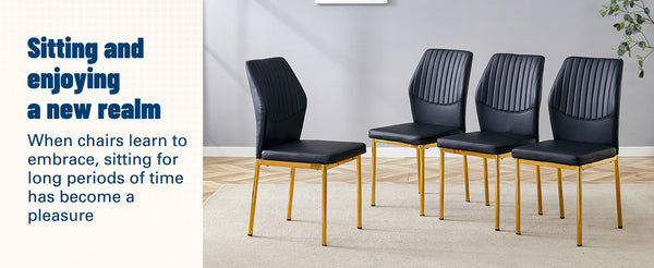 English Elm Luxury Dining Chair Set Of 6 - Black Pu Upholstery With Gold Metal Legs For Modern Elegance & Comfort W1151P282698