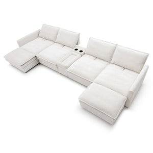 English Elm 140" U Shaped Chenille Sectional Sofa 6-Seater with Movable Ottoman, Deep 25" Seats & Adjustable Backrest W1117S00139