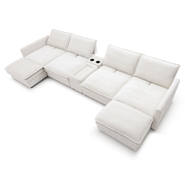 English Elm 140" U Shaped Chenille Sectional Sofa 6-Seater with Movable Ottoman, Deep 25" Seats & Adjustable Backrest W1117S00139