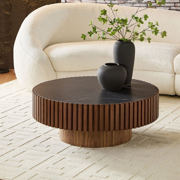 English Elm 35.43'' Modern Nesting Round Sintered Stone Tabletop — Compact Pedestal Coffee Table for Apartments Walnut W876P262230