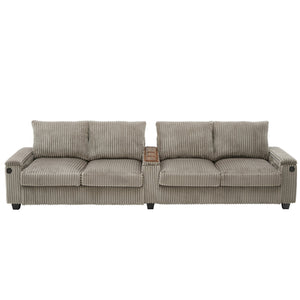 English Elm 4-seater Corduroy Sofa with USB Ports, Flip-Top Cup Holders, Hidden Arm Storage & Ultra-Deep Seats Brown N719S001990D