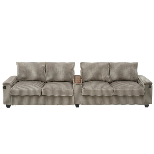 English Elm 4-seater Corduroy Sofa with USB Ports, Flip-Top Cup Holders, Hidden Arm Storage & Ultra-Deep Seats Brown N719S001990D