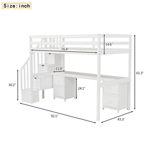 English Elm Twin Loft Bed with Built-In Desk and Double Storage Drawers, Pine & MDF Frame for Small Rooms White GX000382AAK