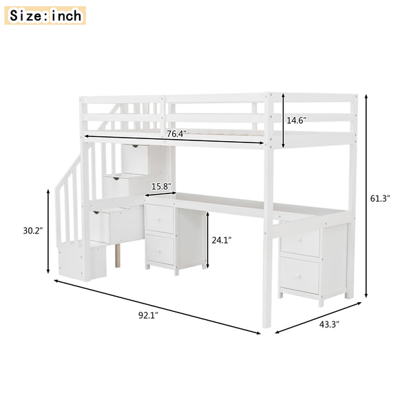 English Elm Twin Loft Bed with Built-In Desk and Double Storage Drawers, Pine & MDF Frame for Small Rooms White GX000382AAK