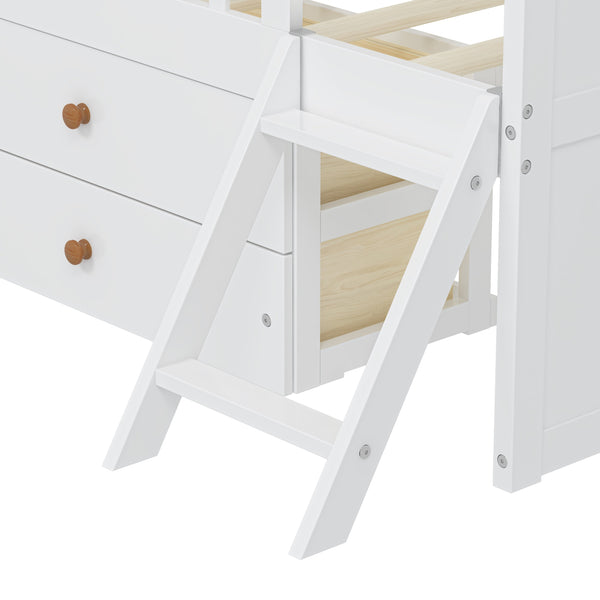 English Elm Twin Bed Frame with Storage Drawers and House Headboard, Kids Platform Bed with Guardrail Ladder and Shelf White 49.3 L x 16.25 W x 7.75 H N733S278032K