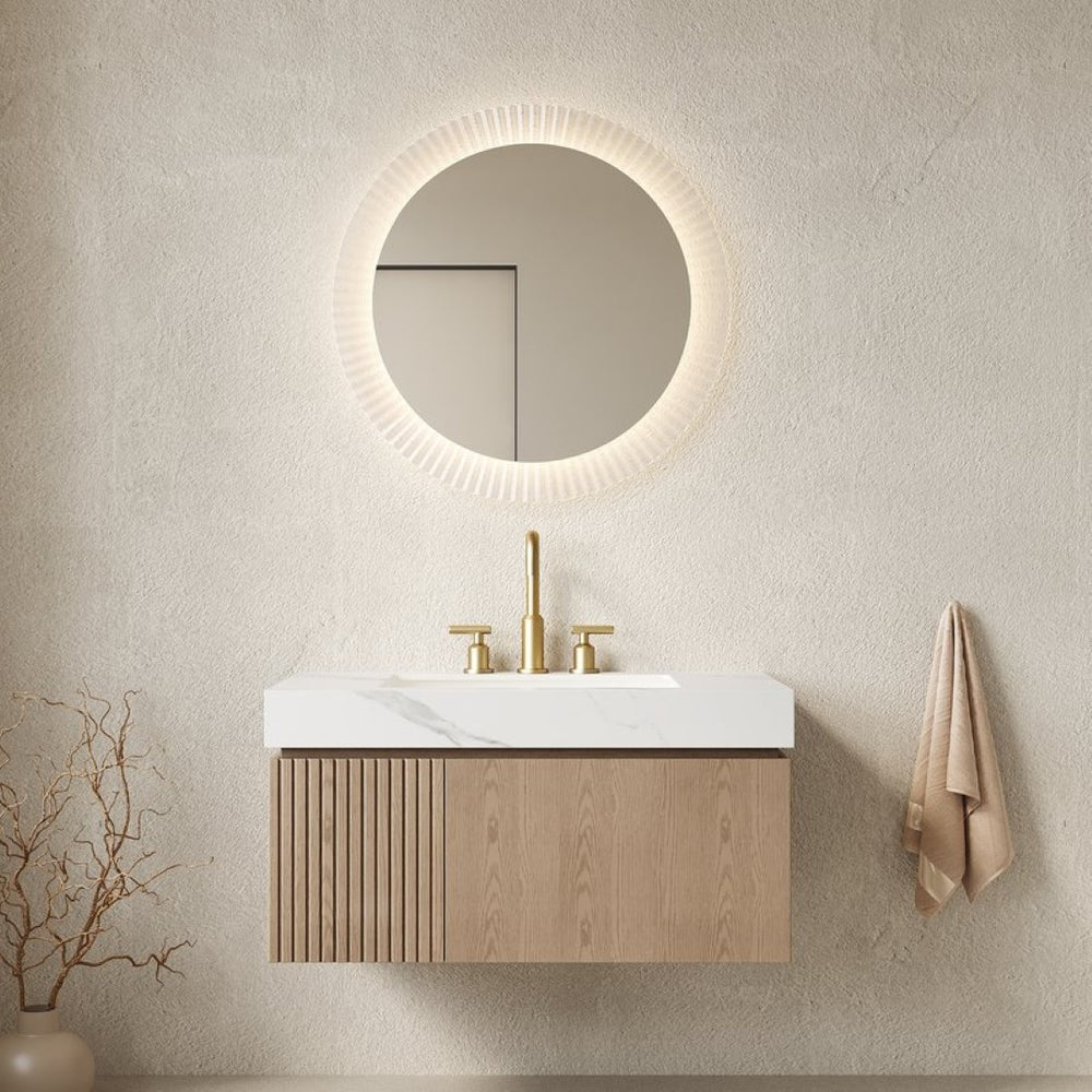 English Elm Muri Floating Bathroom Vanity Plywood Cabinet Sintered Stone Top Woodgrain Finish W2615S00638