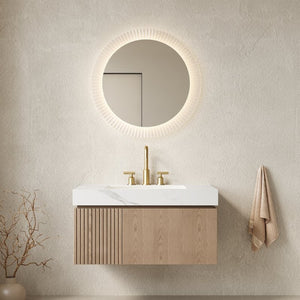 English Elm Muri Floating Bathroom Vanity Plywood Cabinet Sintered Stone Top Woodgrain Finish W2615S00638