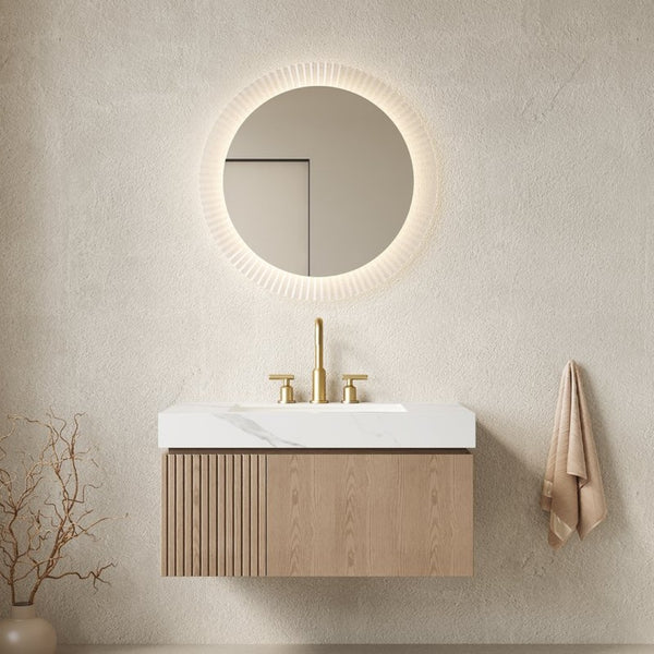 English Elm Muri Floating Bathroom Vanity Plywood Cabinet Sintered Stone Top Woodgrain Finish W2615S00638