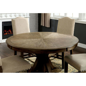 English Elm Dining Round Table 54" Diameter Rustic Warm Finish 30" Height Elegant Nailhead Style Design Light Oak 57 L x 57 W x 7.5 H B2741P284207