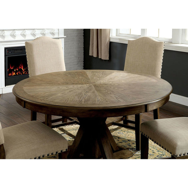 English Elm Light Oak 5pc Round Dining Set with Beige Upholstered Chairs, Nailhead Trim & Rustic Server Style B2741S00003
