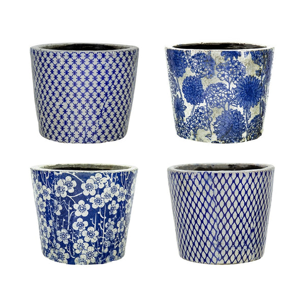 English Elm Set of 4 Terracotta Planters Distressed Blue White Glaze Antique Ceramic Style W2078P495142