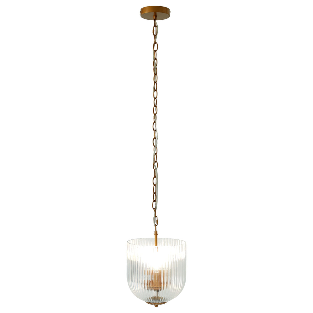 English Elm Ashcroft Furniture - Garnet Pendant Lamp with Coarse Gold Frame & Clear Glass Shade, Oak Accents, Warm Ambient Light (97) B183P301073