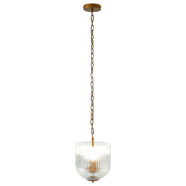 English Elm Ashcroft Furniture - Garnet Pendant Lamp with Coarse Gold Frame & Clear Glass Shade, Oak Accents, Warm Ambient Light (97) B183P301073